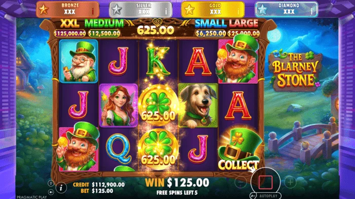 The Blarney Stone - Money Collect screen with a hat on the fifth reel